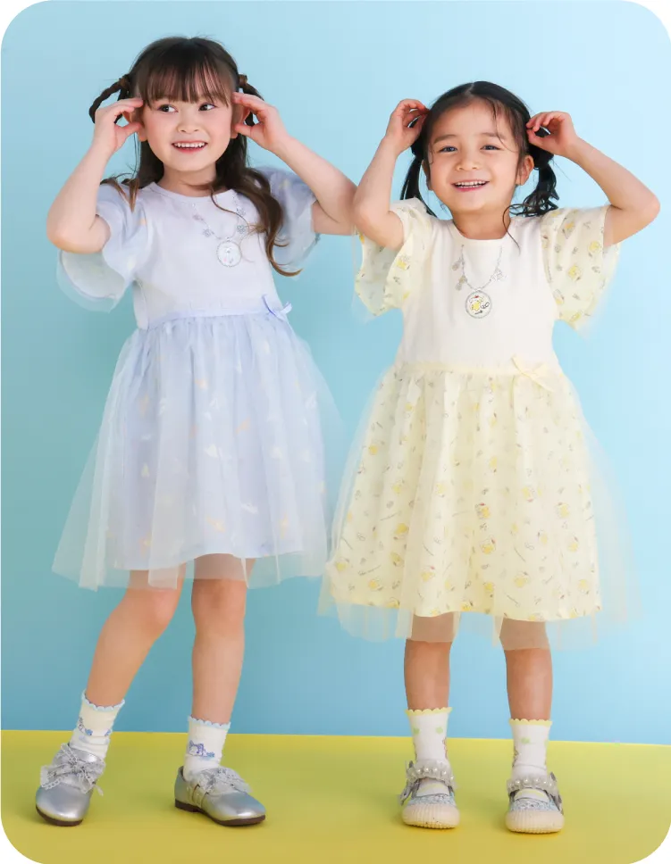 女の子に大人気！シナモロール＆ポムポムプリン 総柄チュールワンピース