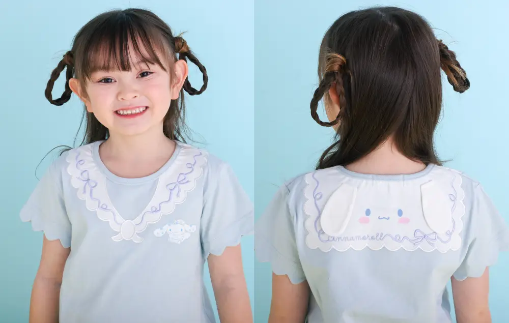 セーラー襟風Tシャツ：バックスタイルのシナモロールとポムポムプリンのお顔プリント