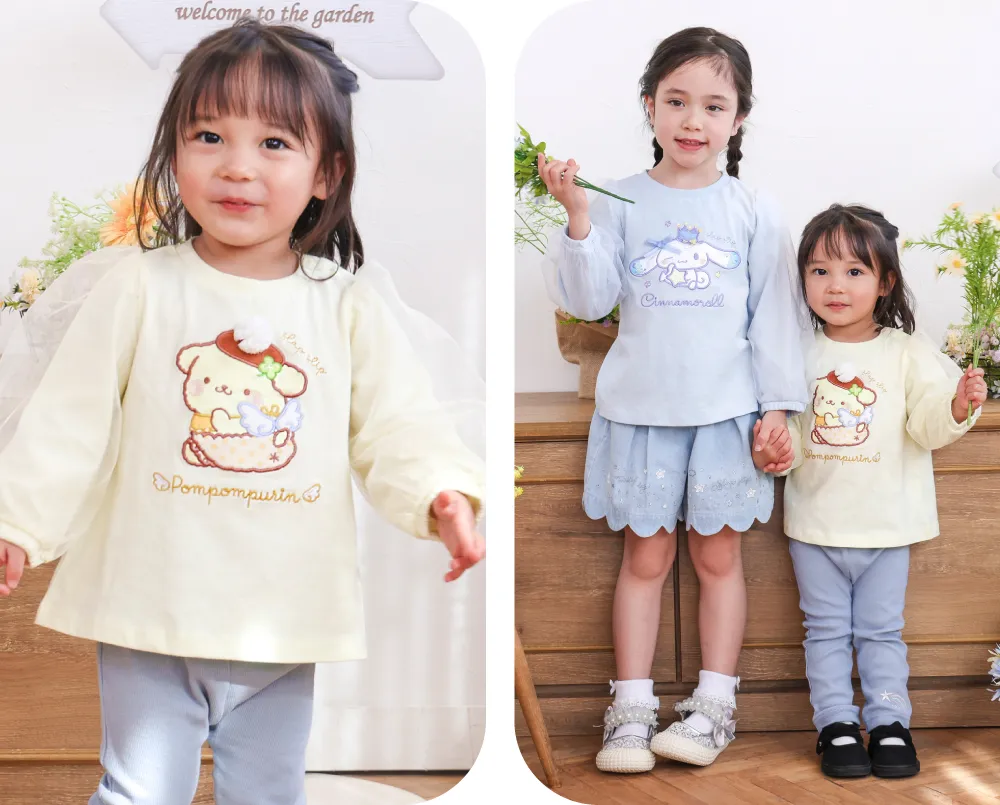 SLAP SLIP サンリオコラボアイテム：シナモロール（サックス）とポムポムプリン（イエロー）の袖チュール長袖Tシャツ