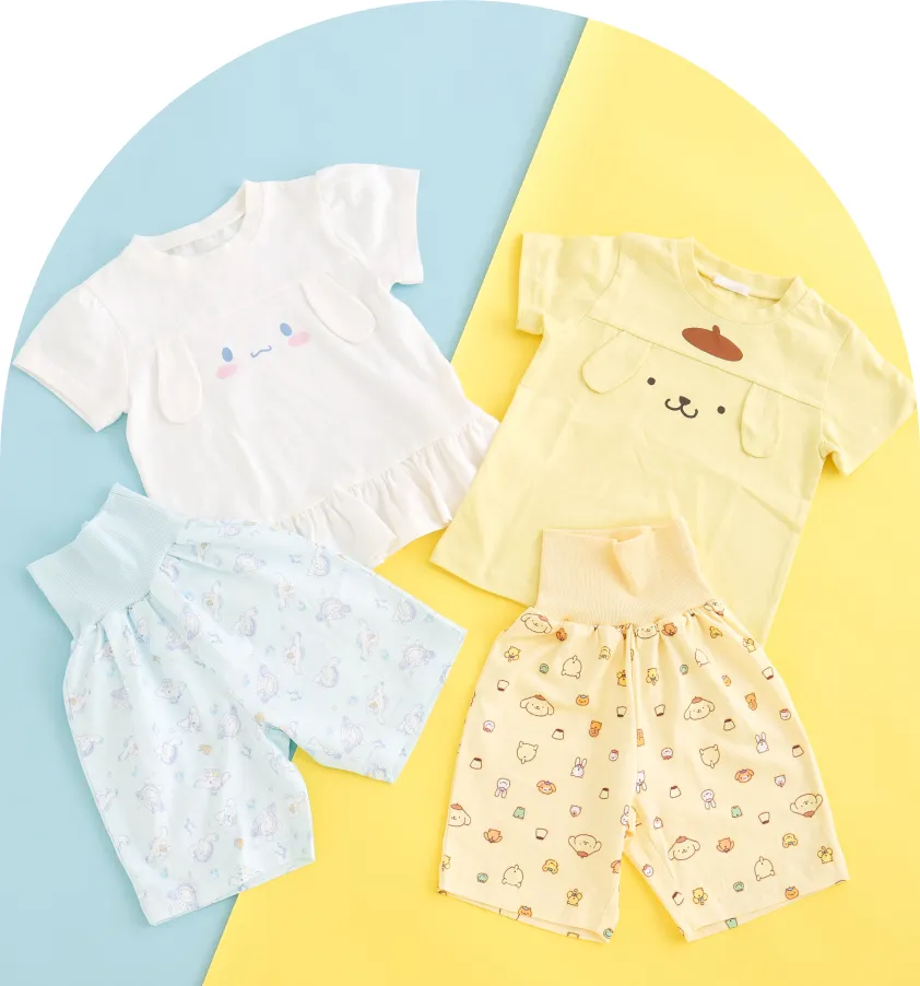サンリオコラボ 夏用腹巻パジャマ：シナモロール（ブルー）とポムポムプリン（イエロー）の上下セット