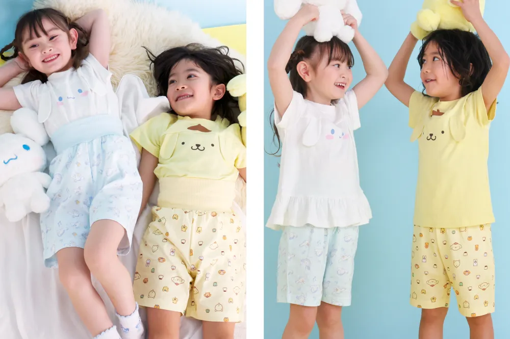 お腹を冷やさない！腹巻一体型パンツの仕様説明：シナモロールとポムポムプリンのデザイン