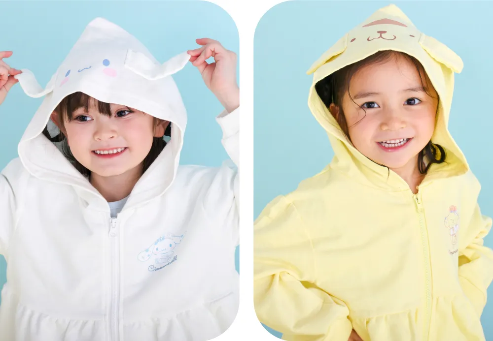 耳付きパーカーのディテール：シナモロールの白い耳とポムポムプリンの茶色の耳デザイン