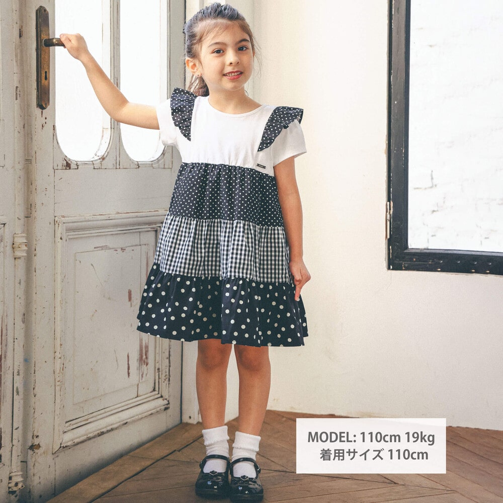 【お揃い】ドット+チェックティアードワンピース(90~150cm) 【お揃い】ドット+チェックティアードワンピース(90~150cm)