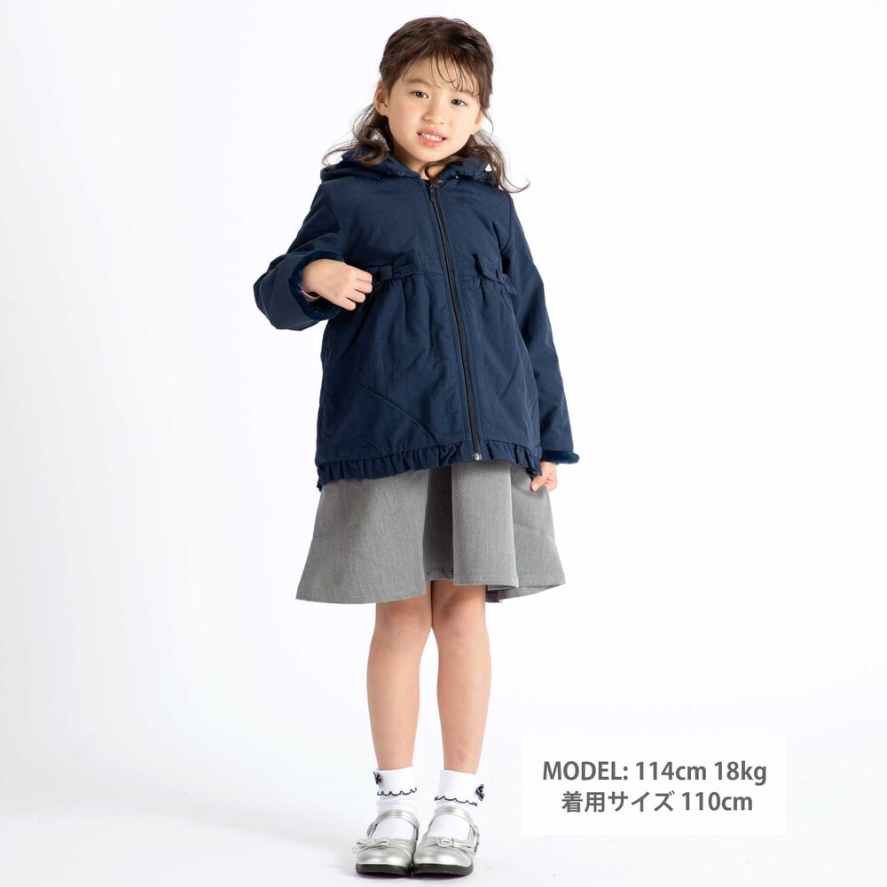 【撥水加工】ヴィンテージタフタ裏ファー裾フリルフードブルゾン(80~150cm) ネイビー 100cm