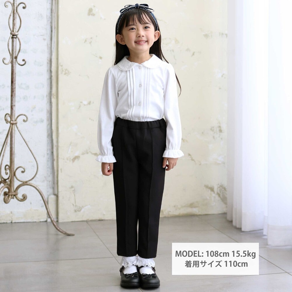 花レース丸襟フロントタックスムース長袖ブラウス(90~140cm) ホワイト 90cm