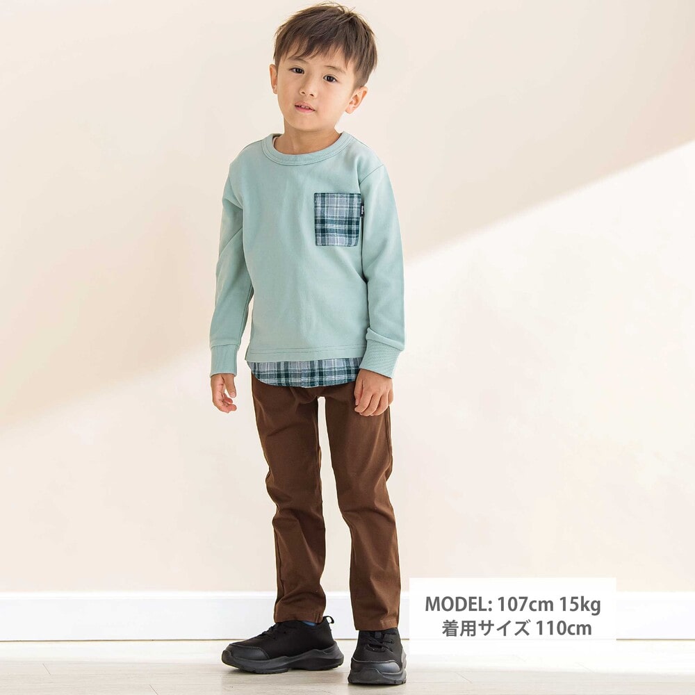 裾ネルチェック切り替えレイヤード風トレーナー (90~150cm) グリーン 150cm