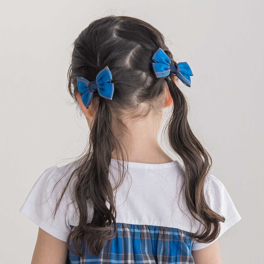 【お揃い】【神戸タータン×BeBe】チェックリボンヘアクリップ ブルー系 ワンサイズ