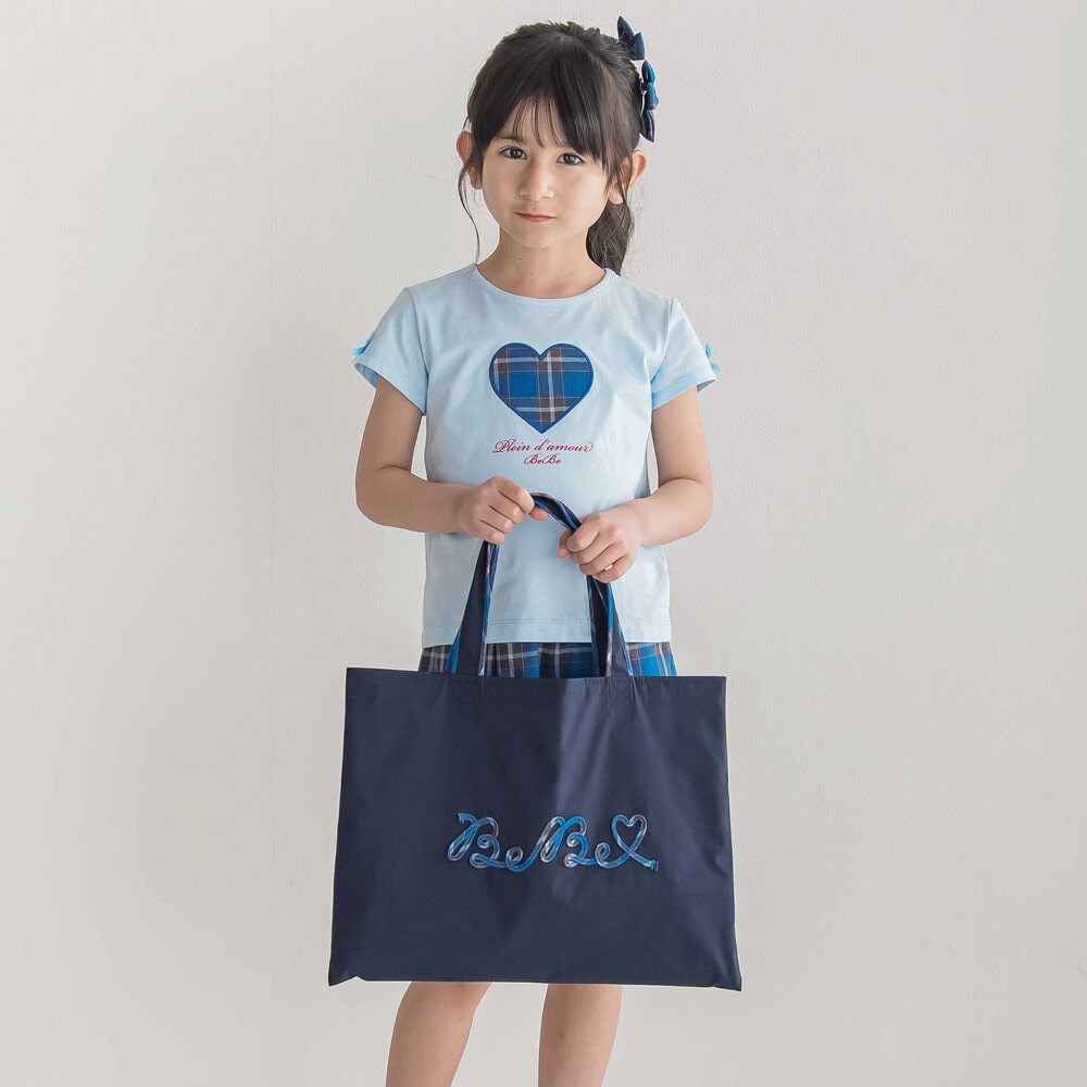 【お揃い】【神戸タータン×BeBe】チェックコード刺しゅうロゴレッスンバッグ ネイビー ワンサイズ