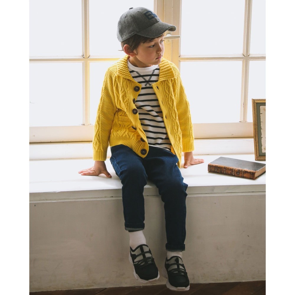 ワッフル コットン ロング スリーブ ボーダー Tシャツ(100cm~140cm) グレー系 130cm