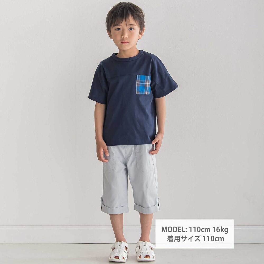 【お揃い】【神戸タータン×BeBe】チェックポケットバックロゴ半袖Tシャツ(90~150cm) ネイビー 90cm