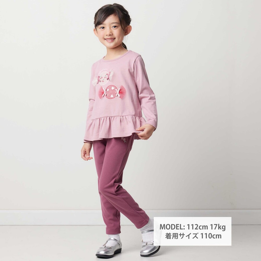 【抗菌・防臭】キャンディプリント裾フリル天竺長袖Tシャツ(90~130cm) ピンク SS(90-100cm)