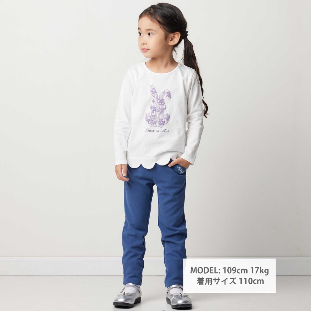 【抗菌・防臭】Rabbitレースプリント裾スカラップ天竺長袖Tシャツ(90~130cm) オフホワイト SS(90-100cm)