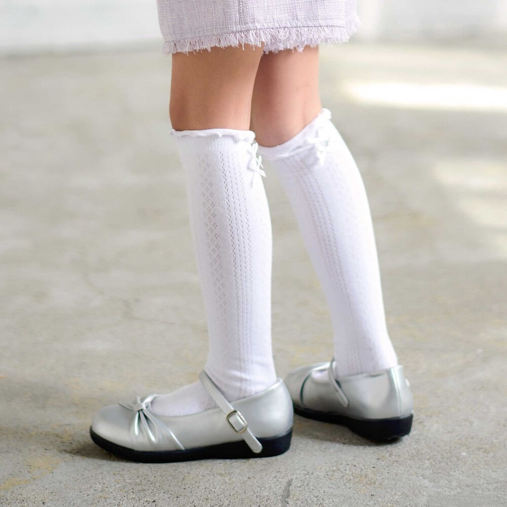 バックリボン透かし編みハイソックス(15~24cm) ホワイト 15-17cm