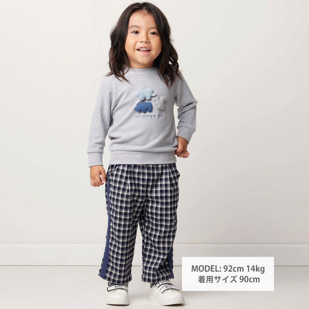サイドライン起毛チェックロングパンツ(80~90cm) ネイビー系 80cm