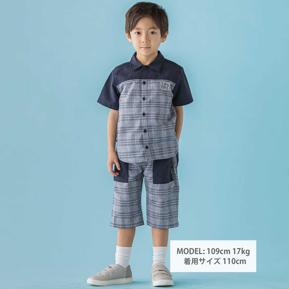 【限定商品】無地×チェックトップス+ショートパンツセットアップ(95~150cm) ブラック系 95cm