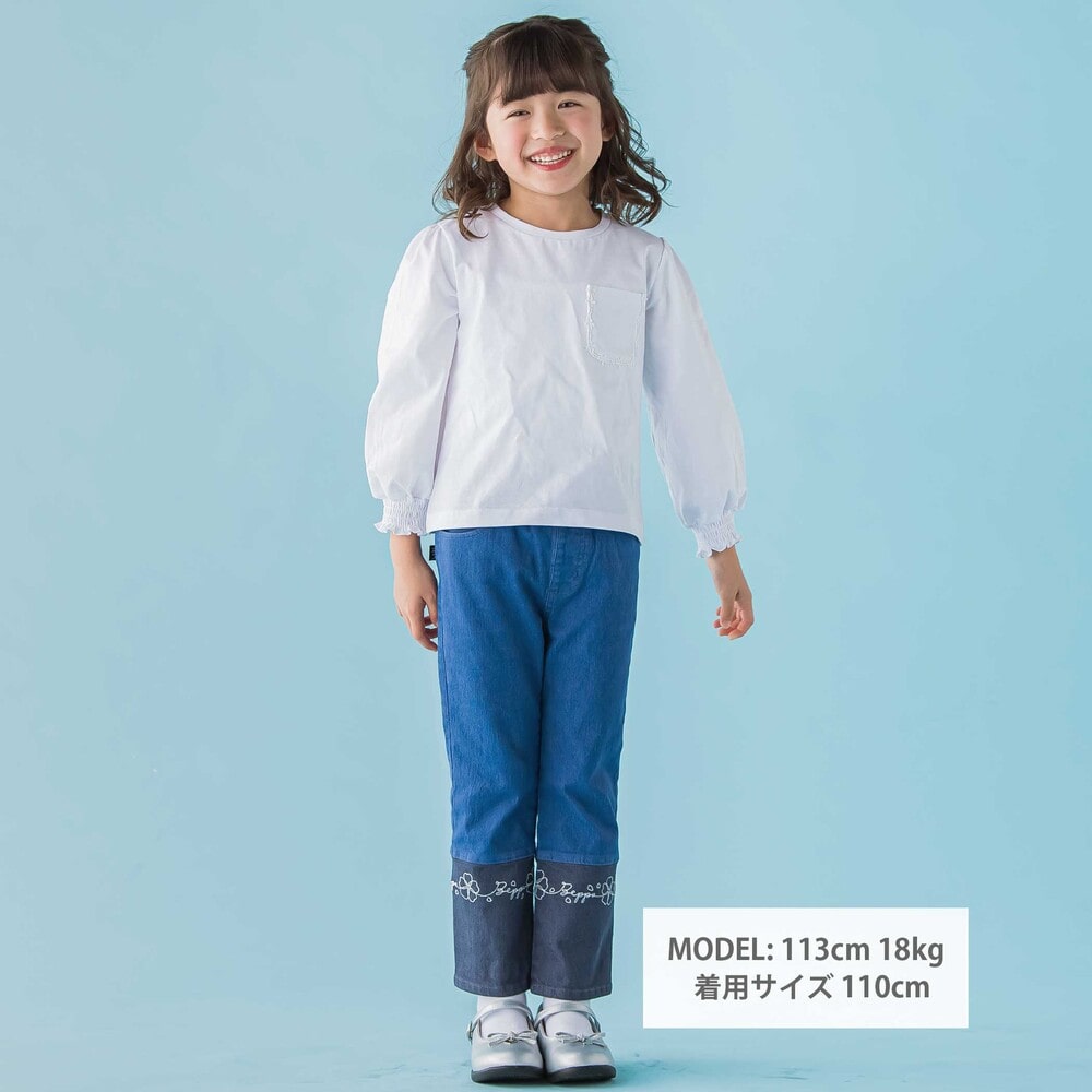 【限定商品】天竺花レースポケットロングTシャツ(95~150cm) ネイビー 95cm