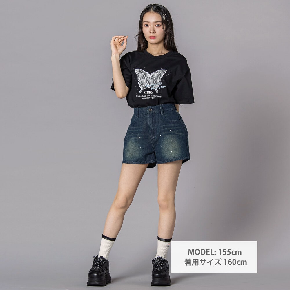 ラインストーンショートデニムパンツ(130~160cm) ネイビー 130cm