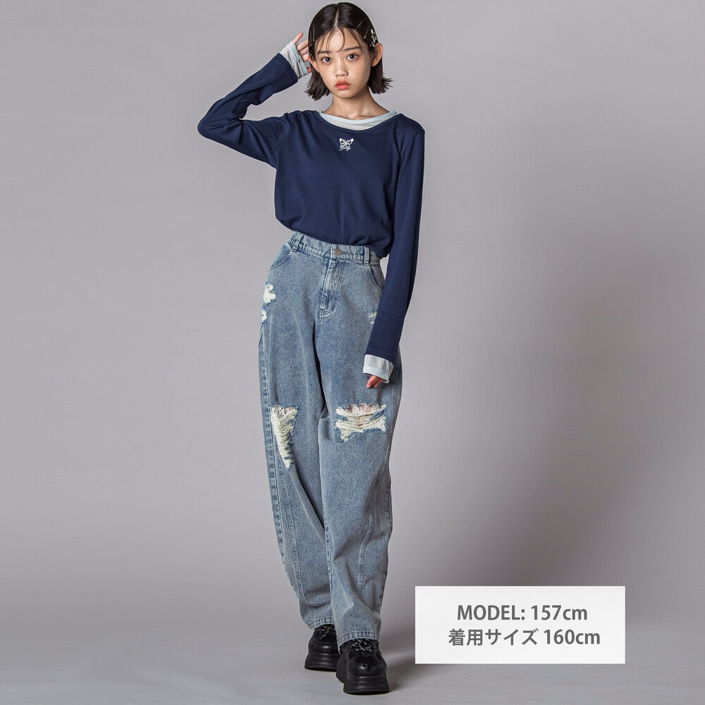 バタフライ刺しゅうシアーレイヤード風長袖トップス(130~160cm) グレー 130cm