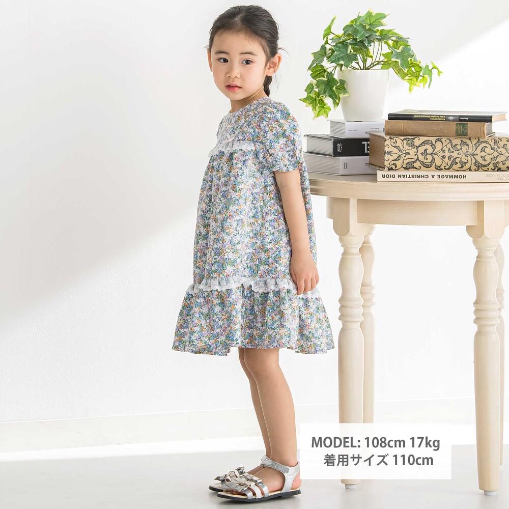 花刺しゅう+花プリントワンピース(95~150cm) パープル系 95cm