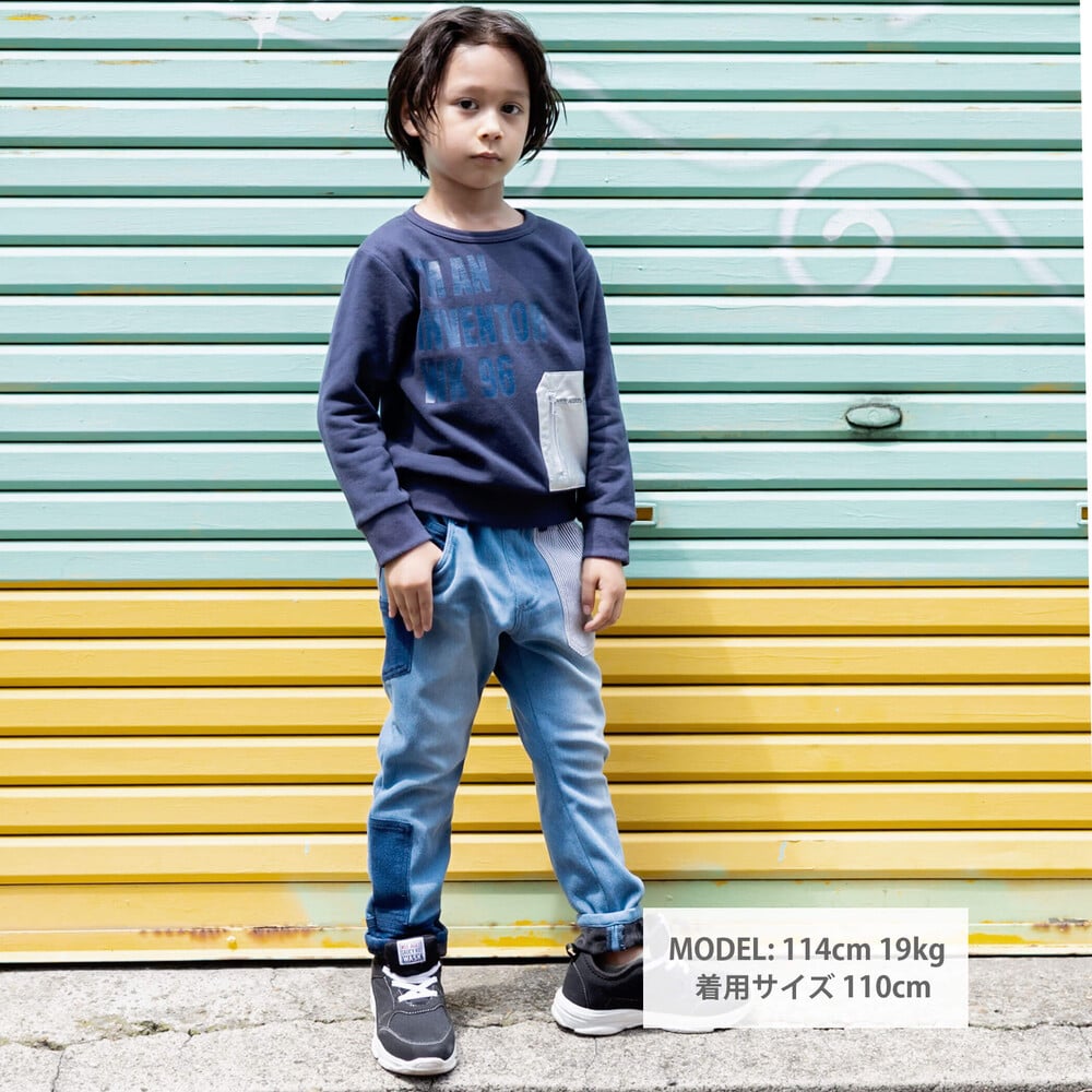 ヒッコリー+ボンディングパッチワークデニムパンツ(100~160cm ヒッコリー+ボンディングパッチワークデニムパンツ(100~160cm