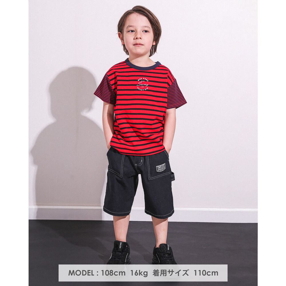 SWAG プリント ボーダー 天竺 Tシャツ (100~160cm) レッド系 100cm