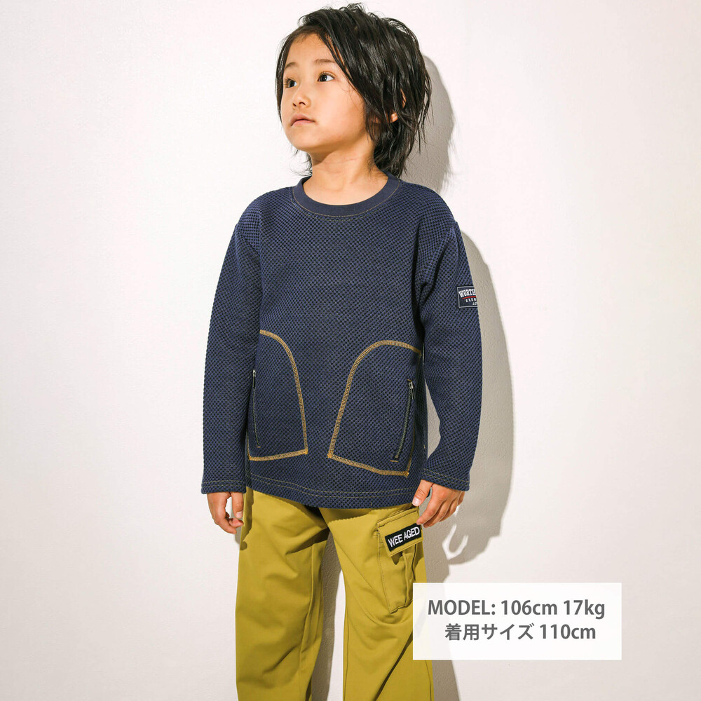 ファスナーポケット配色ワッフルTシャツ(100~160cm)(100cm ネイビー