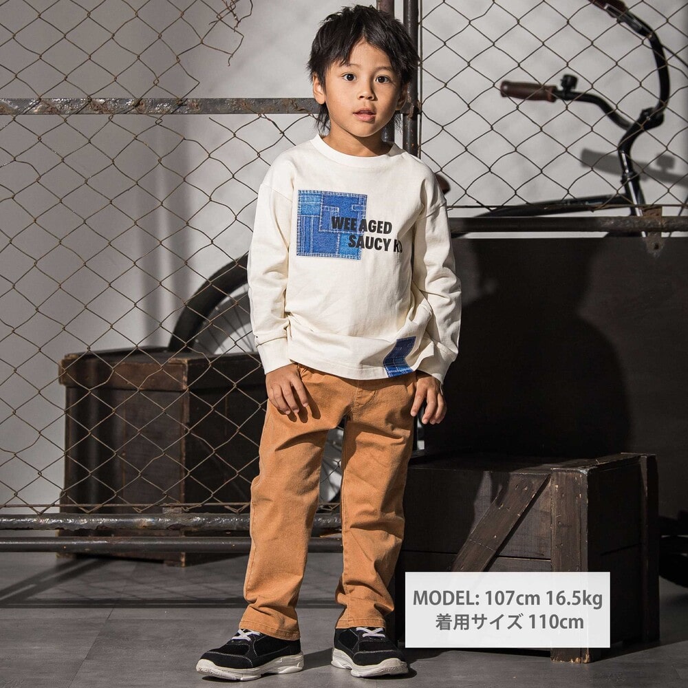 デニム風プリントバスク天竺BIGTシャツ(110~160cm) オフホワイト 110cm