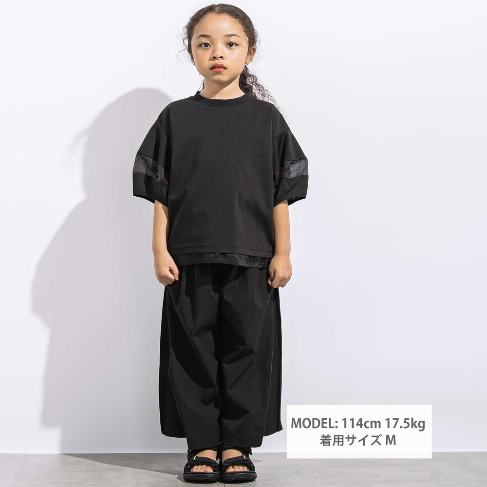 ポンチシアー切り替えポワン袖Tシャツ親子お揃い(110~140cm) ブラック M(110~125cm)