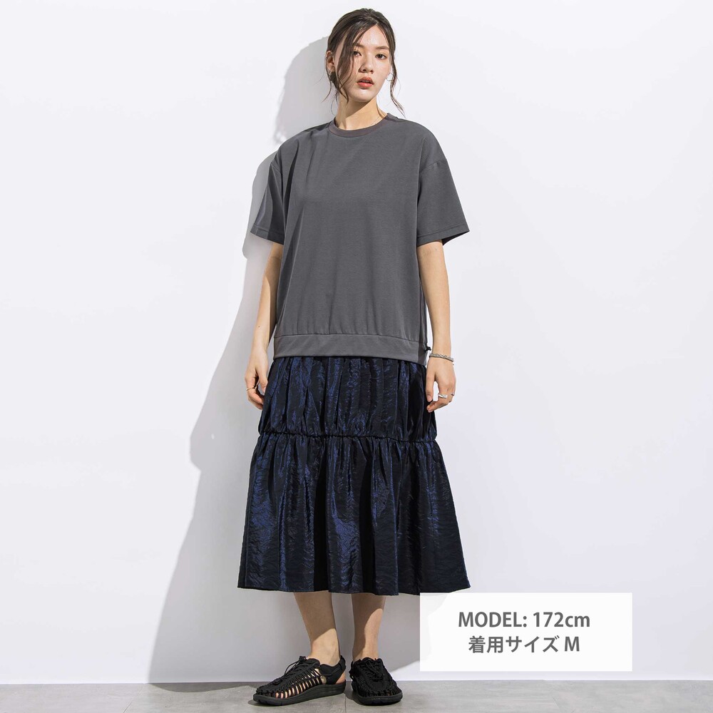 (ペチコート付)ポンチ+メタリックボイルスカートドッキング半袖ワンピース親子お揃い大人(140~160cm) ブラック S(140~150cm)