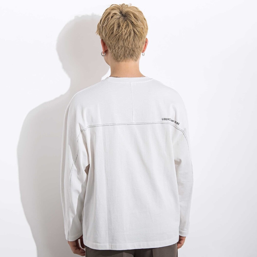 ヘビーオンスカラーステッチ切り替え天竺長袖Tシャツ 親子お揃い 大人(140~175cm) ホワイト S(140~150cm)