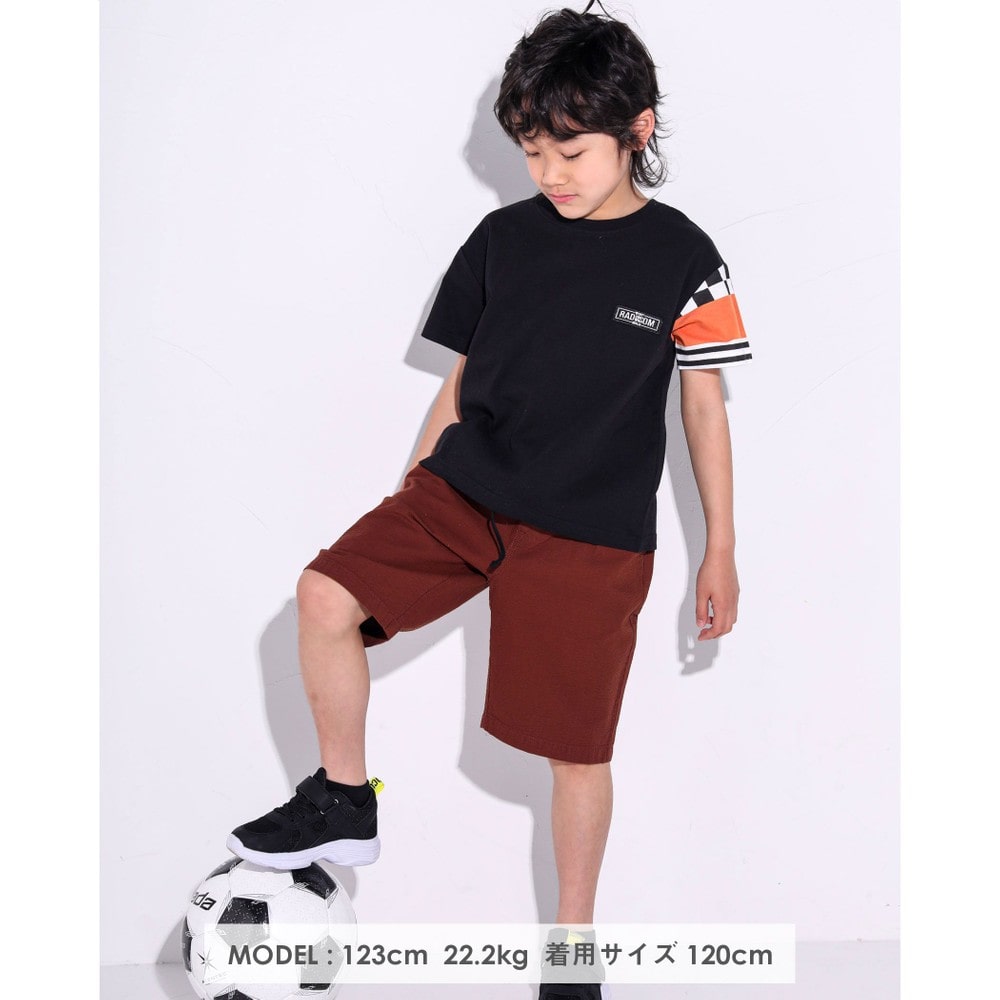フラッグチェック ボーダー 切り替え スリーブ Tシャツ(120~160cm) グリーン 160cm
