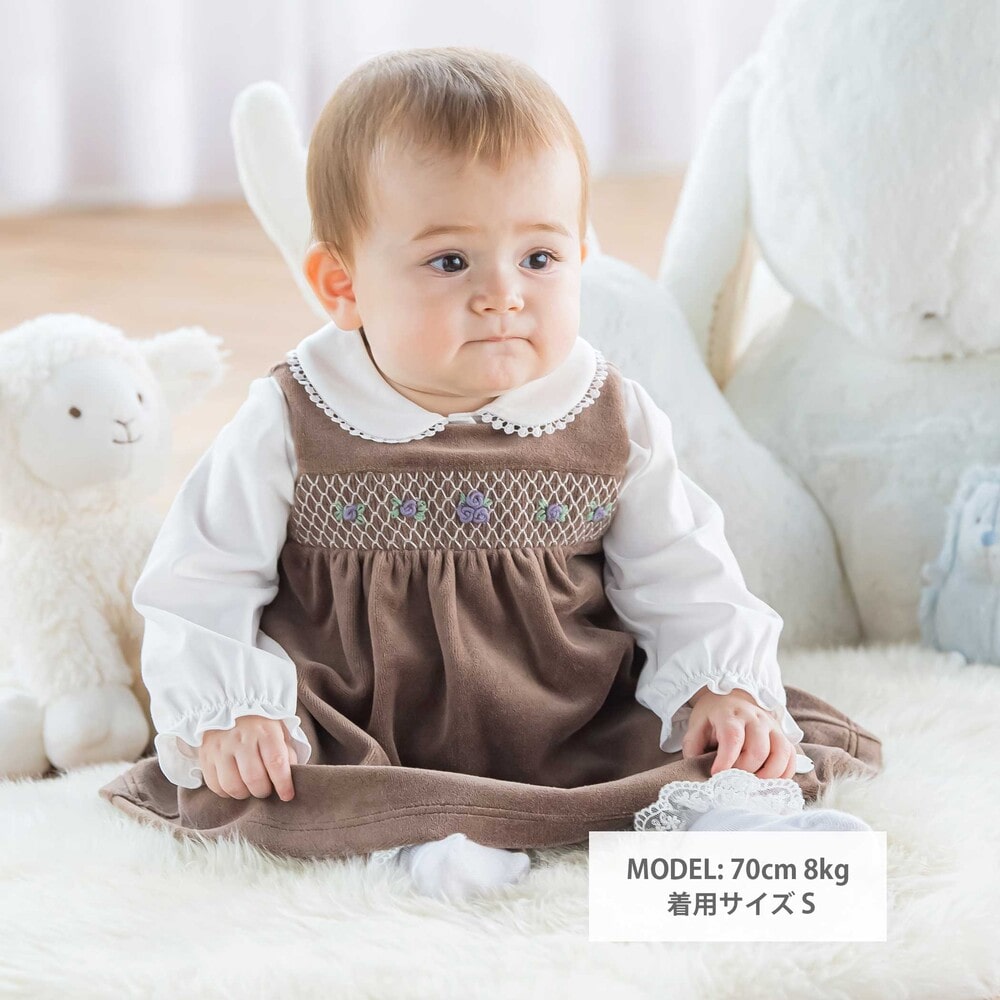 ベロア 巻きバラ刺しゅう ワンピース&ブルマセットベビー(70~90cm) ブラウン S
