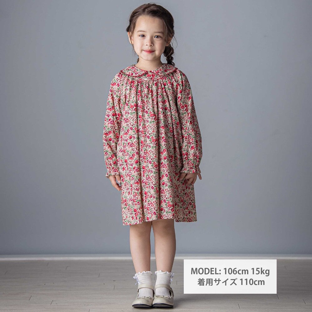 【日本製】リバティタナローン(Coward)花柄ワンピース(90~140cm) レッド系 100cm