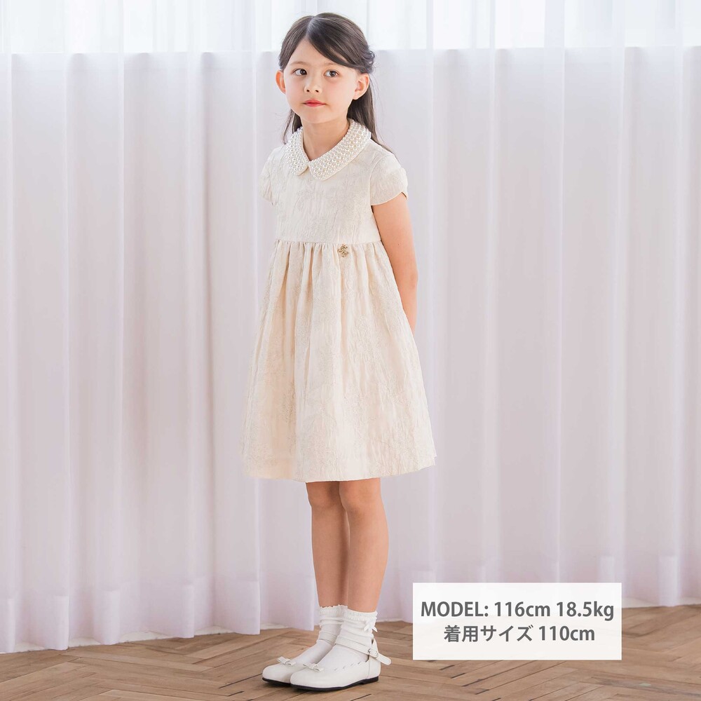 【日本製】ゴールドラメジャガード シャインフラワーワンピース(100~130cm) ベージュ系 100cm