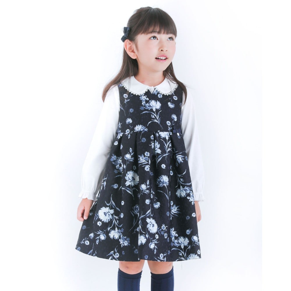 日本製 フォーマル ジャガード 花柄 リボン Aライン ワンピース ジャンパースカート ドレス (80cm~140cm) ネイビー系 80cm