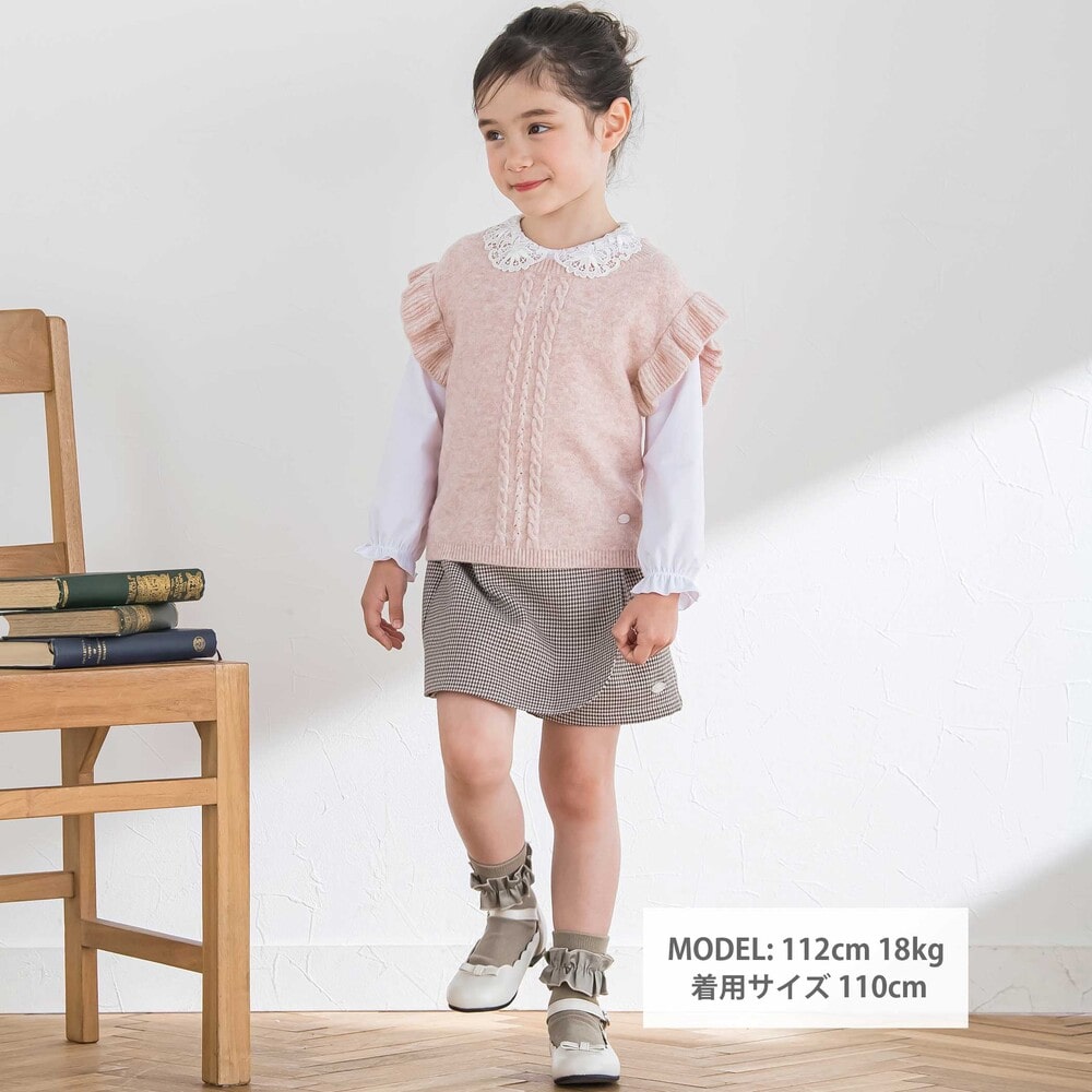 千鳥チェック ラップスカート風ショートパンツ(90~140cm) ボルドー系 90cm