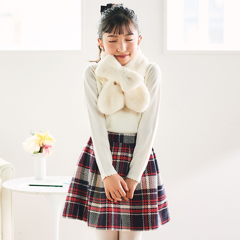 リボンふわふわファーマフラー オフホワイト ワンサイズ