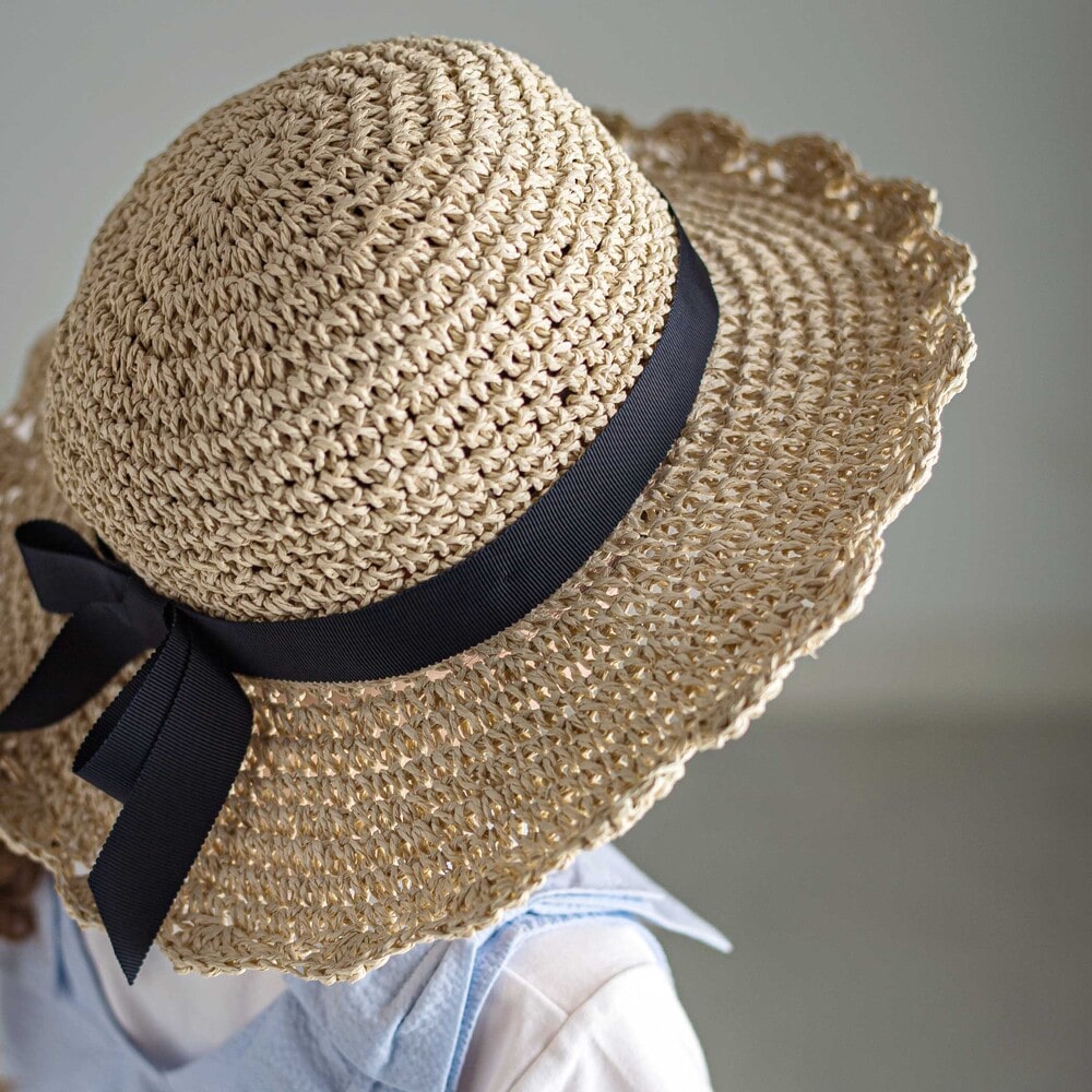 【UVカット】【お揃い】リボン付きブリムスカラップデザインペーパーハット(52~56cm) ネイビー 52cm