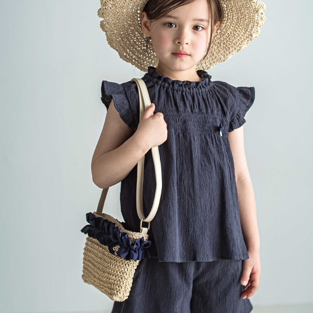 【お揃い】麦わら見えフリルデザイン ペーパーショルダーバッグ ネイビー ワンサイズ