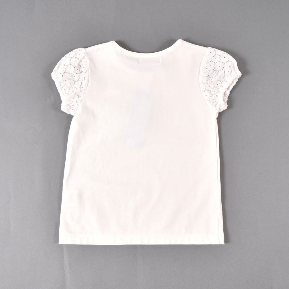 日本製 レース パフスリーブ リボン シンプル フェミニン 半袖 Tシャツ (110cm~130cm) オフホワイト 110cm