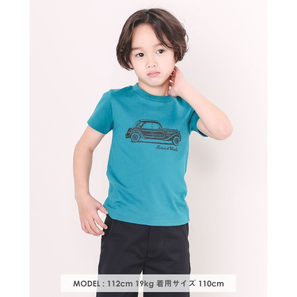 日本製 コットン TCロゴ 車 プリント 半袖 Tシャツ (90~110cm) グリーン 110cm