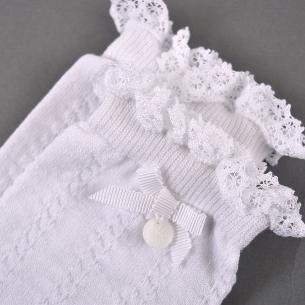 日本製 フォーマル レース フリル リボン ハイ ソックス (15cm~19cm) ホワイト 17-19cm