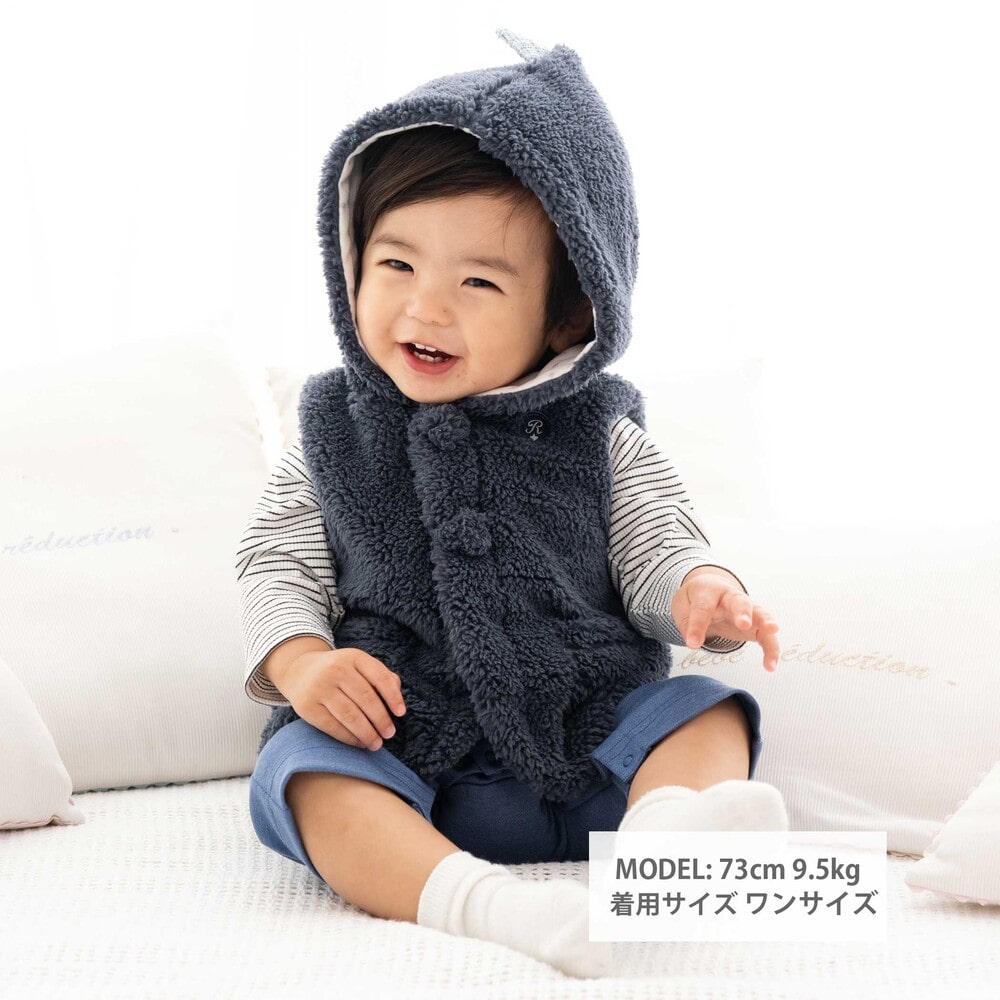 【お揃い】モコモコボア耳付きベスト ベビー(60~90cm) ベージュ ワンサイズ