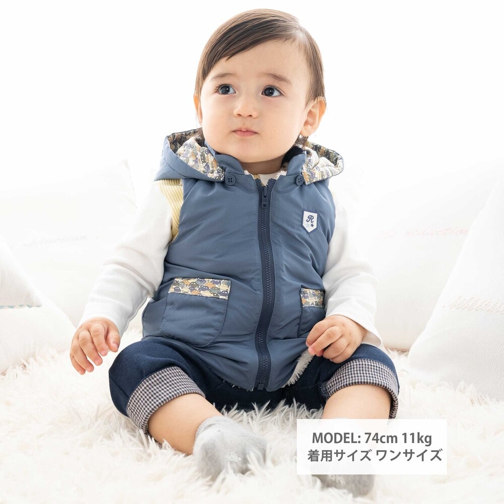 【 撥水加工 】【お揃い】タフタ×リバティ(Cars)フード付きベストベビー(60~90cm) ネイビー ワンサイズ(60-90cm)