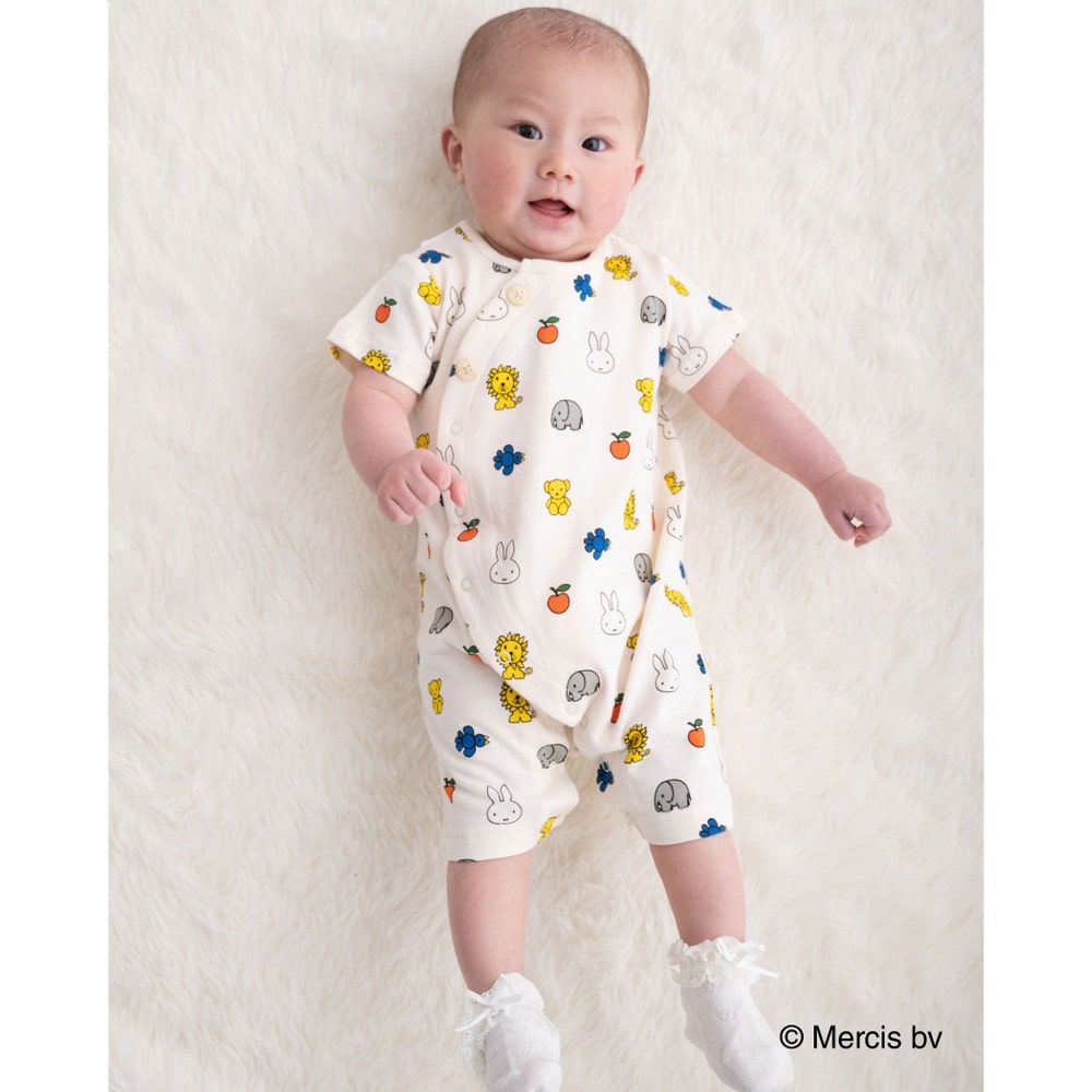 【miffy×bebe reduction コラボアイテム】ミッフィー 動物 総柄 半袖 カバーオール (70~90cm) オフホワイト系 70cm