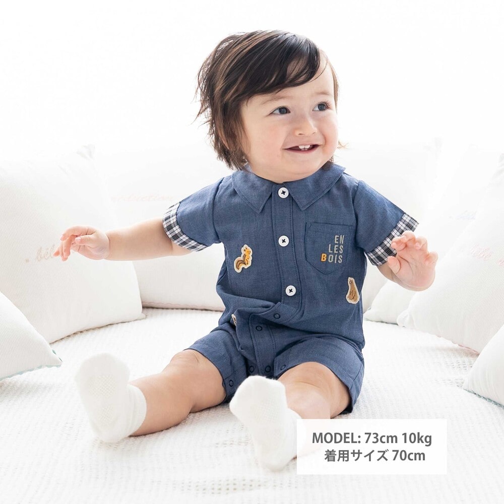 森のどうぶつプリントワッペン付きダンガリー半袖カバーオール(70~80cm) ネイビー 70cm