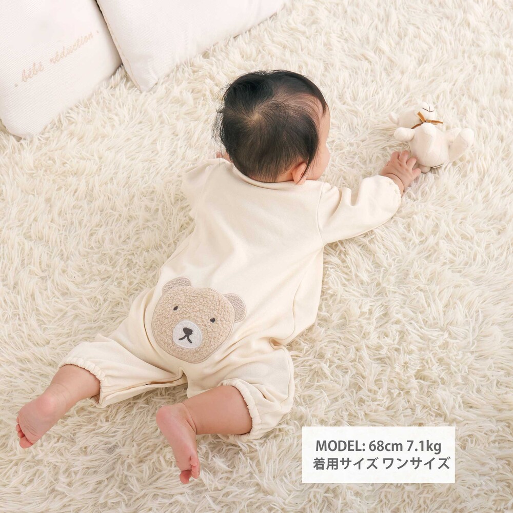 裏毛クマパッチ切替2way長袖カバーオール ベビー(50~75cm) オフホワイト ワンサイズ(50-75cm)