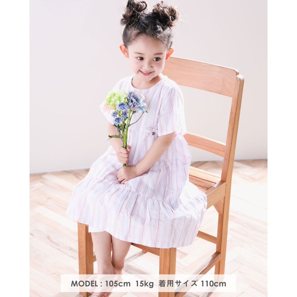 ストライプ ティアード 裏地付 ワンピース (90~130cm) オレンジ系 130cm