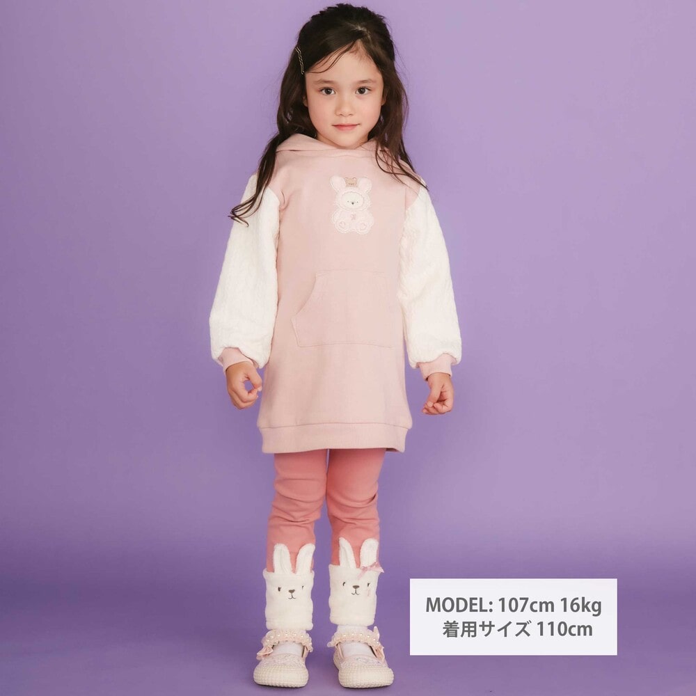 ウサギネコアニマルふわふわパッチ刺しゅう袖切り替えフーディーワンピース(80~130cm) ピンク(ウサギ) 80cm