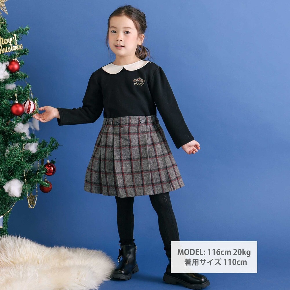 ティアラ刺しゅう付きチェックプリーツドッキングワンピース(90~130cm) ブラック×グレー系 90cm